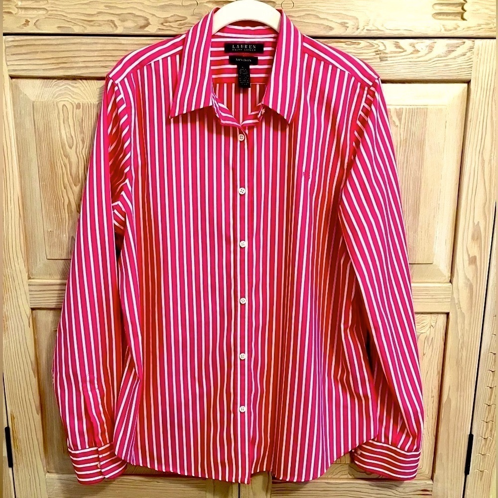 Lauren Ralph Lauren Striped Poplin Button Down Modern Prep Preppy Literary Chic